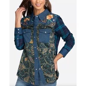 Johnny was Twilight Print Mix Western Shirt with pearl snaps,Floral embroidery